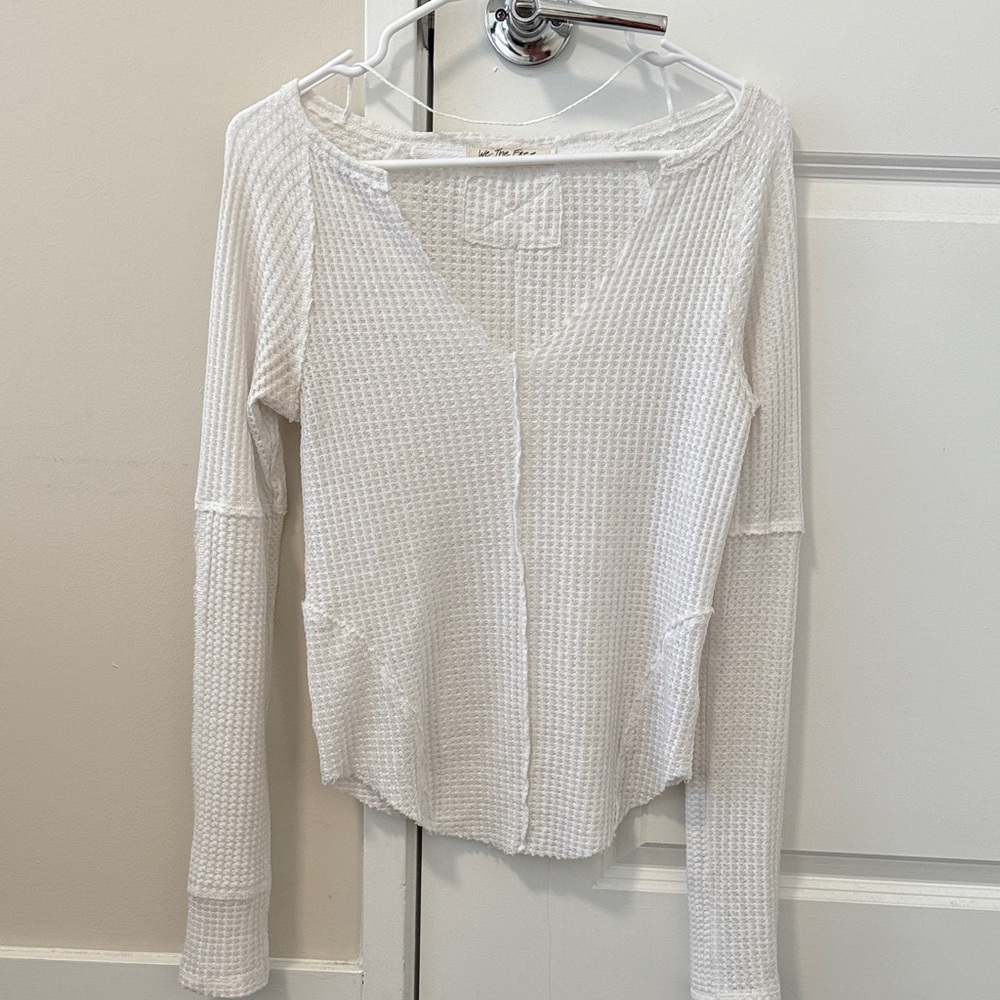 Free People White Waffle-Knit Long Sleeve Top